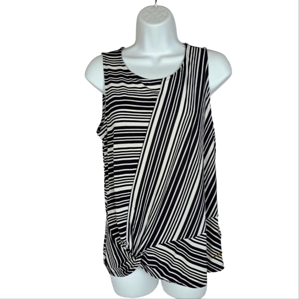 Anne Klein Black White Stripe Gathered Hem Sleeveless Top‎